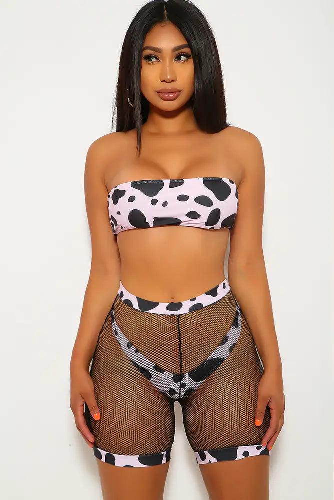 Pink Black Printed Three Piece Swimsuit Set - AMIClubwear