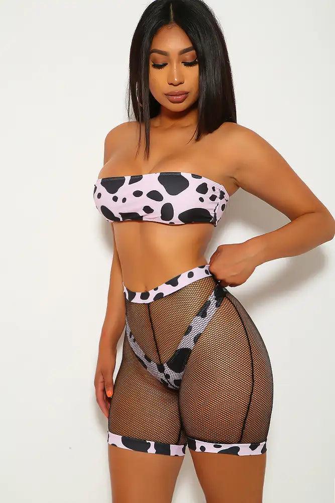 Pink Black Printed Three Piece Swimsuit Set - AMIClubwear