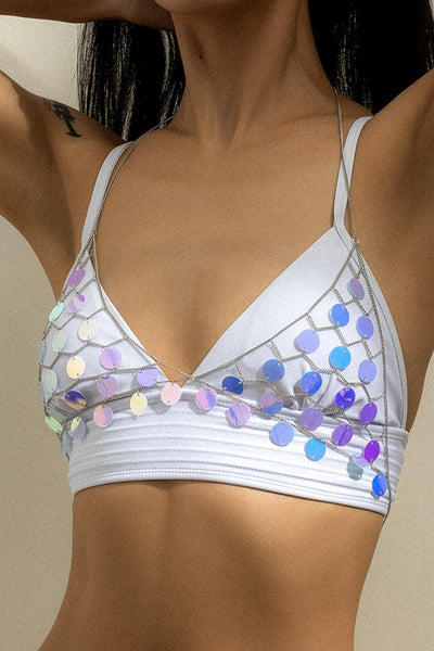 Pink Blue Holographic Sequin Crop Top - AMIClubwear