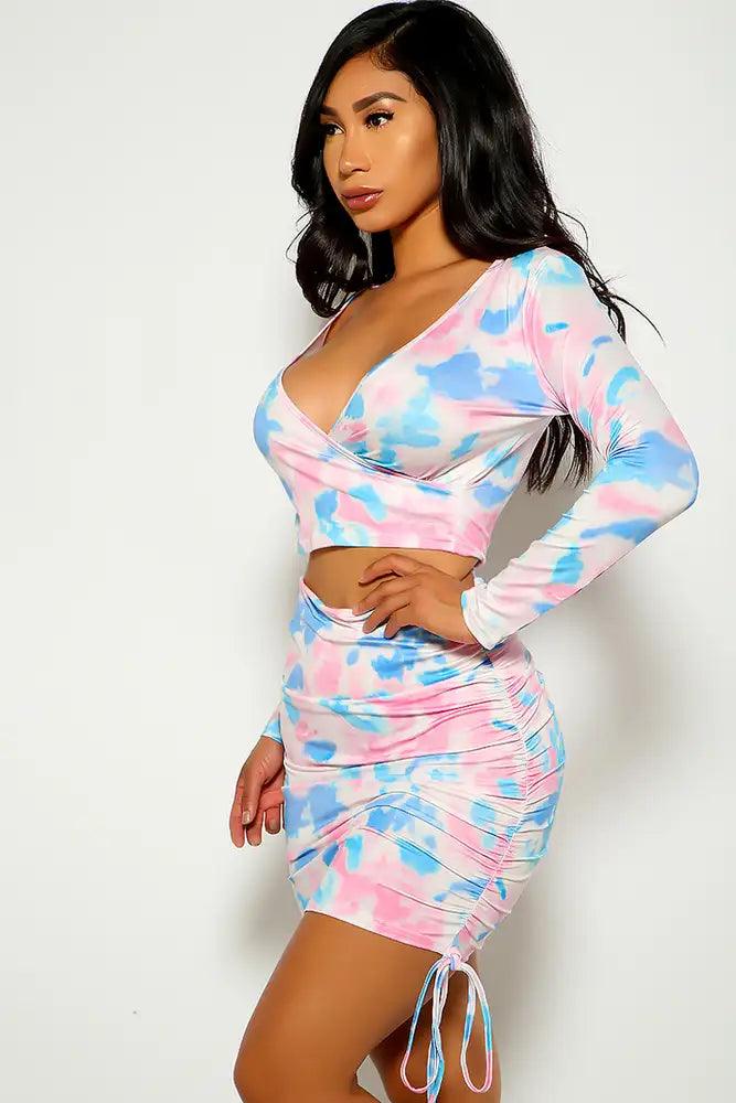 Pink Blue Long Sleeve Ruched Two Piece Dress - AMIClubwear