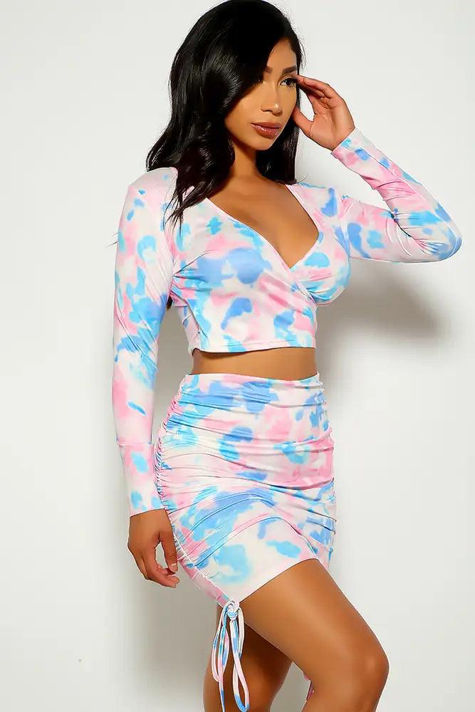 Pink Blue Long Sleeve Ruched Two Piece Dress - AMIClubwear