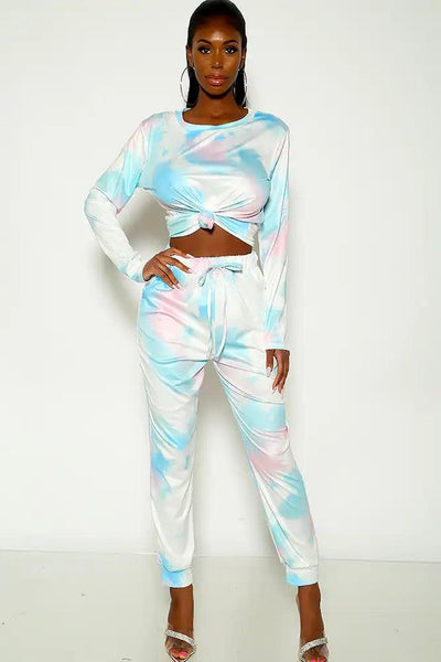 Pink Blue Long Sleeve Tie Dye Two Piece Outfit - AMIClubwear