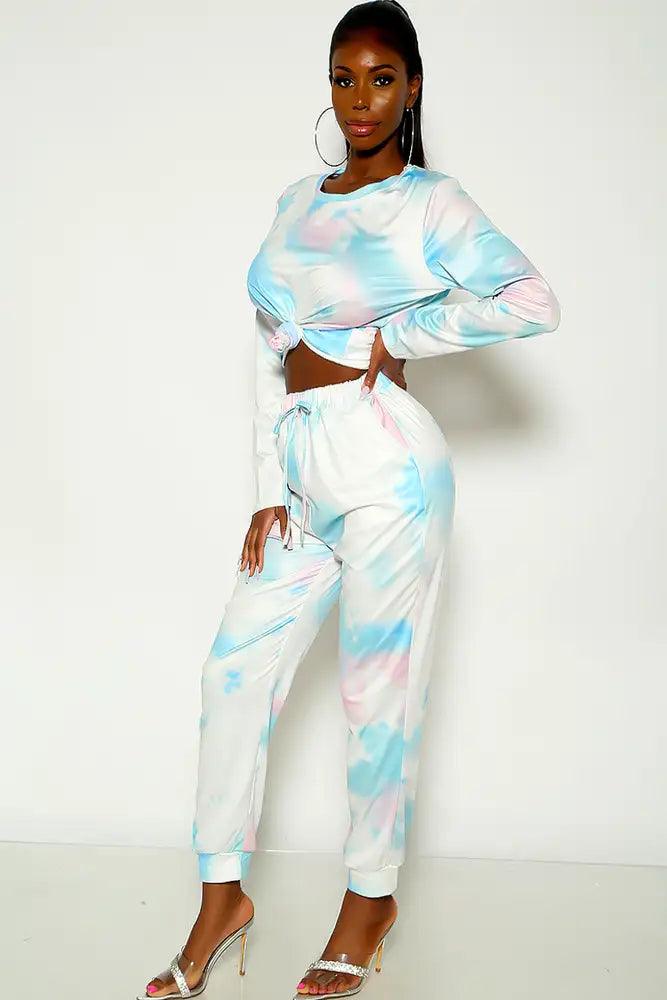 Pink Blue Long Sleeve Tie Dye Two Piece Outfit - AMIClubwear