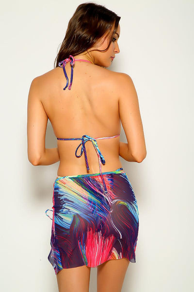 Pink Blue Printed Sexy Three Piece Swimsuit - AMIClubwear