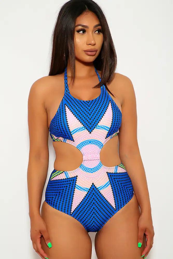 Pink Blue Sexy Tribal Print One Piece Swimsuit - AMIClubwear