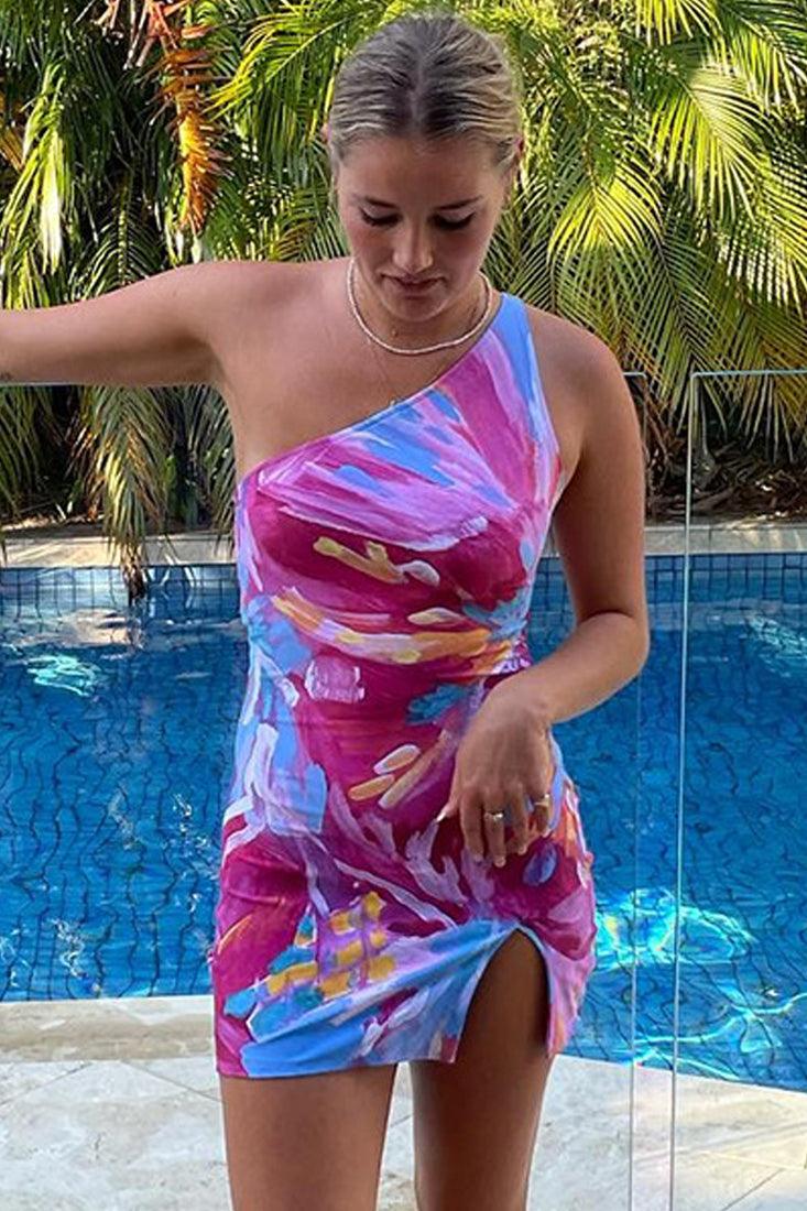 Pink Blue Sleeveless Printed Sexy Party Dress - AMIClubwear