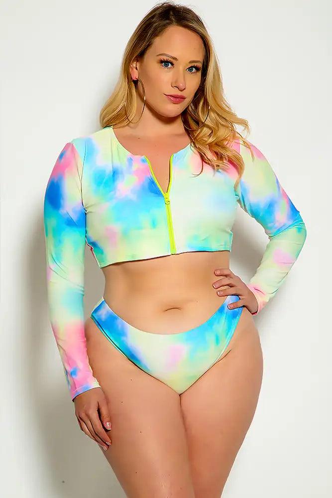 Pink Blue Tie Dye Long Sleeve Zipper Plus Size Two Piece Swimsuit - AMIClubwear