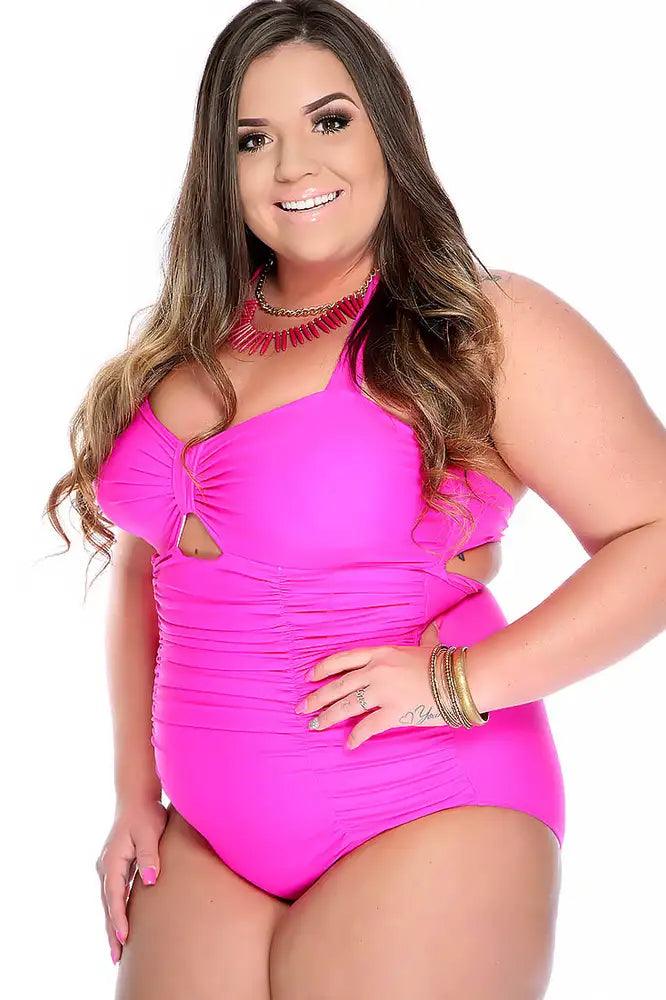 Pink Bold Halter Strap Ruched Sweetheart Cutout Center One Piece Swimsuit Plus - AMIClubwear