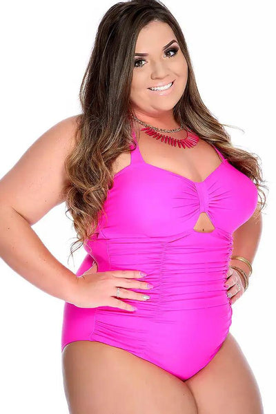 Pink Bold Halter Strap Ruched Sweetheart Cutout Center One Piece Swimsuit Plus - AMIClubwear