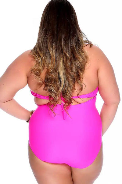 Pink Bold Halter Strap Ruched Sweetheart Cutout Center One Piece Swimsuit Plus - AMIClubwear