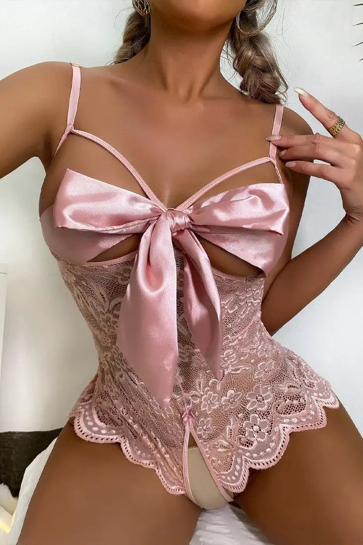 Pink Bow Decor Hollow Lace Open Crotch Teddy Bodysuit