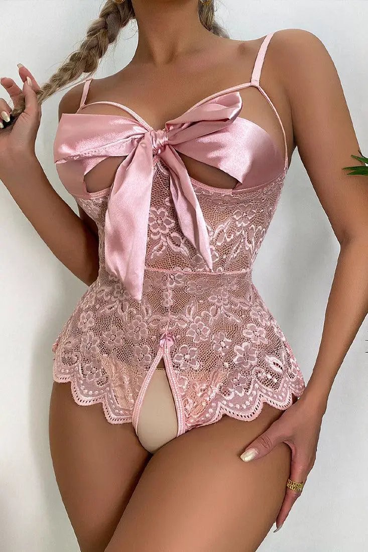 Pink Bow Decor Hollow Lace Open Crotch Teddy Bodysuit