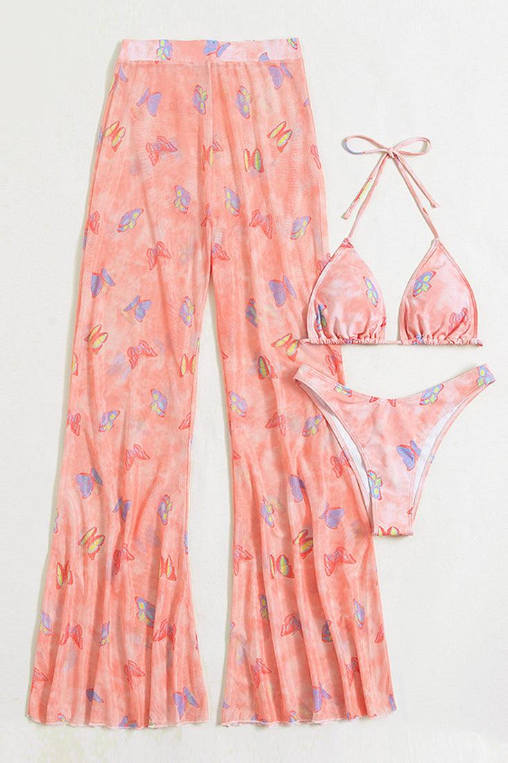 Pink Butterfly Print 3 PC Swimsuit Set - AMIClubwear