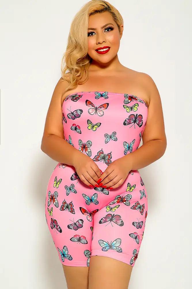 Pink Butterfly Print Strapless Plus Size Romper - AMIClubwear