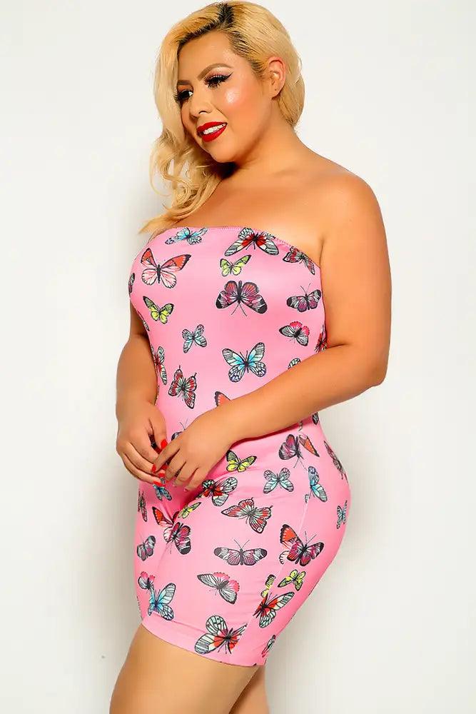 Pink Butterfly Print Strapless Plus Size Romper - AMIClubwear