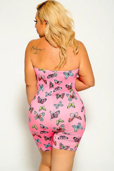 Pink Butterfly Print Strapless Plus Size Romper - AMIClubwear