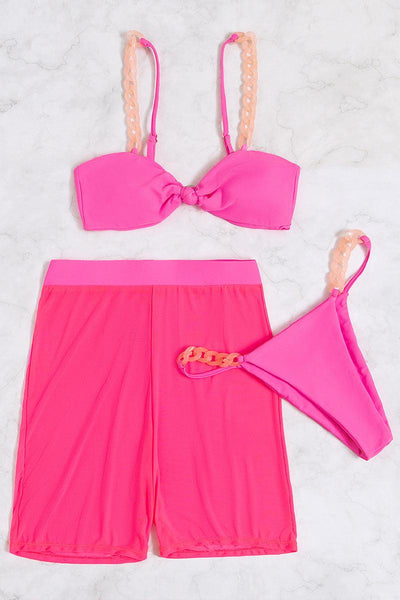 Pink Chain Straps Tie Knot Sexy Three Piece Swimsuit - AMIClubwear