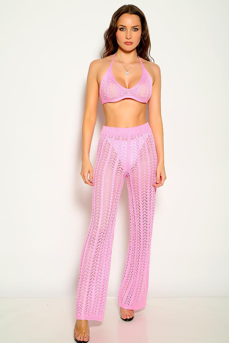 Pink Crochet Sleeveless Halter Two Piece Outfit - AMIClubwear