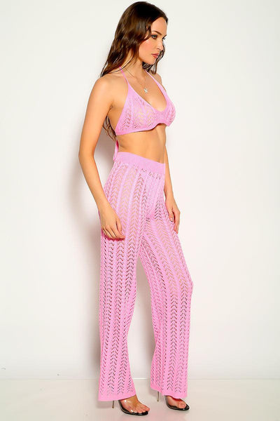Pink Crochet Sleeveless Halter Two Piece Outfit - AMIClubwear