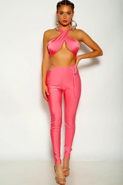 Pink Cross Halter Side Tie Two Piece Outfit - AMIClubwear