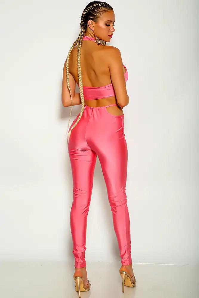 Pink Cross Halter Side Tie Two Piece Outfit - AMIClubwear