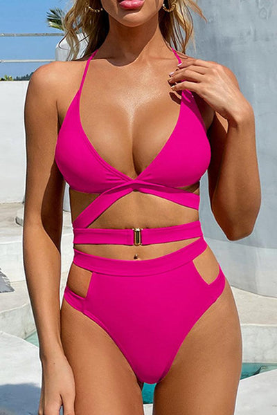 Pink Cut Out High Waist Sexy Two Piece Swimsuit - AMIClubwear