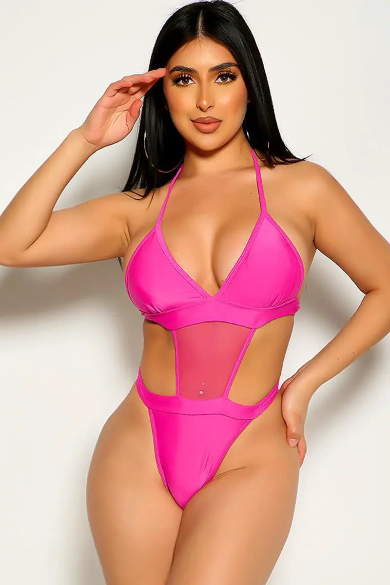 Pink Cut Out Mesh Two Piece Swimsuit