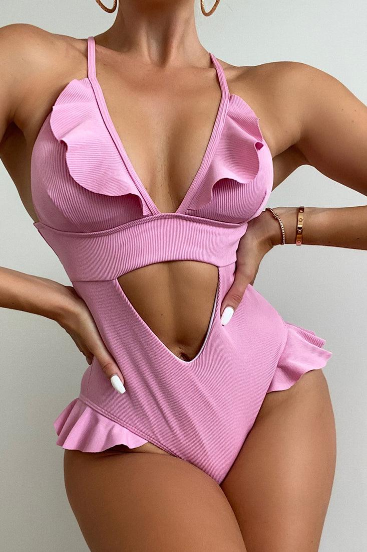 Pink Cut Out Ruffled Sexy One Piece Swimsuit - AMIClubwear