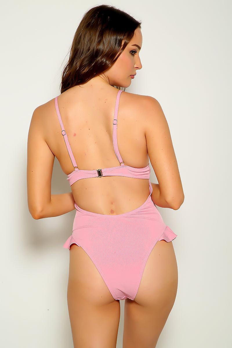 Pink Cut Out Ruffled Sexy One Piece Swimsuit - AMIClubwear