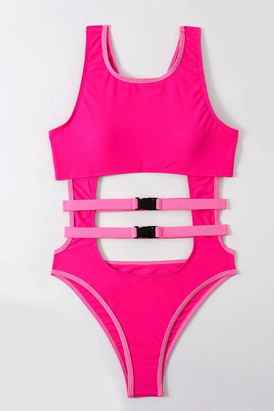 Pink Double Buckle Hollow Out Sleeveless Monokini - AMIClubwear