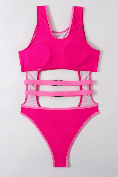 Pink Double Buckle Hollow Out Sleeveless Monokini - AMIClubwear