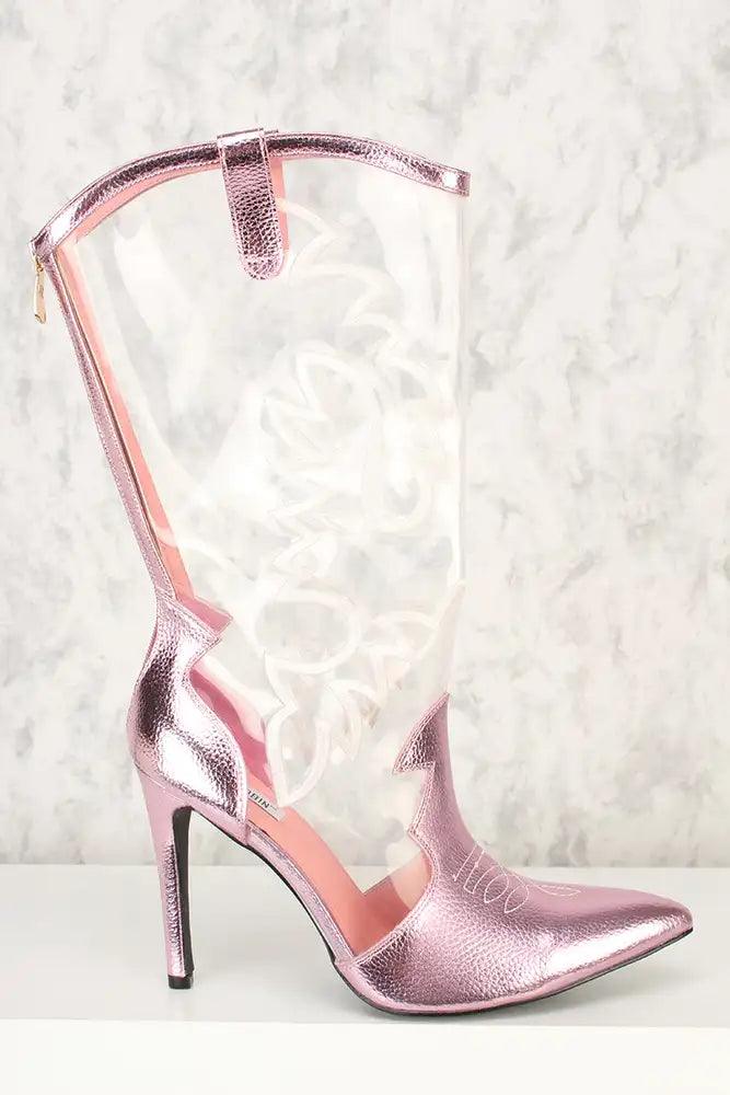 Pink Embroider Detail Pointy Toe High Heel Boots Patent Faux Leather *Miley Cyrus Inspired By* - AMIClubwear