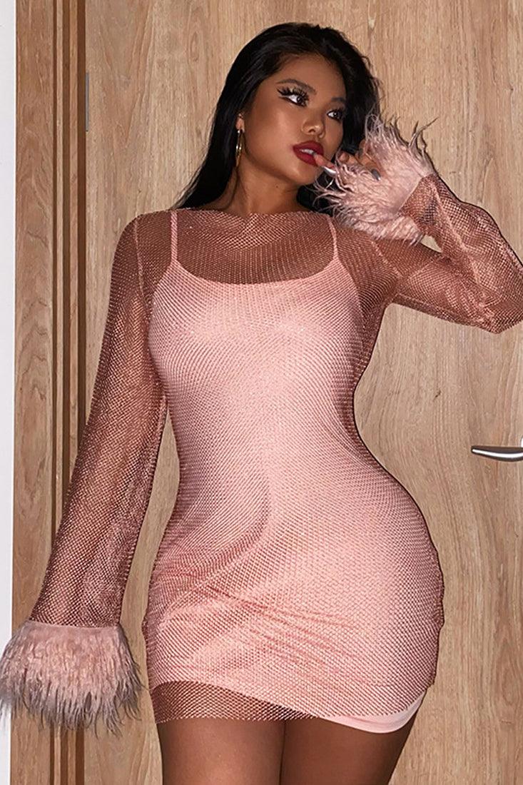 Pink Faux Feather See Through Mesh Party Dress - AMIClubwear