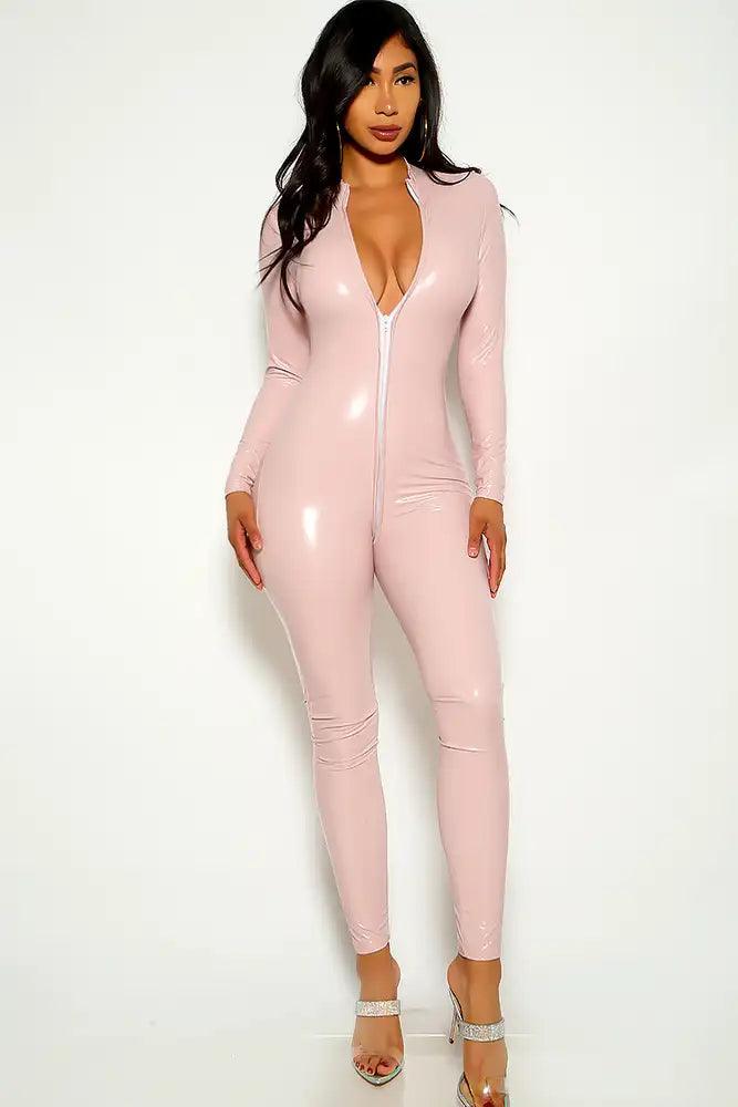 Pink Faux Leather One Piece Jumpsuit Costume - AMIClubwear