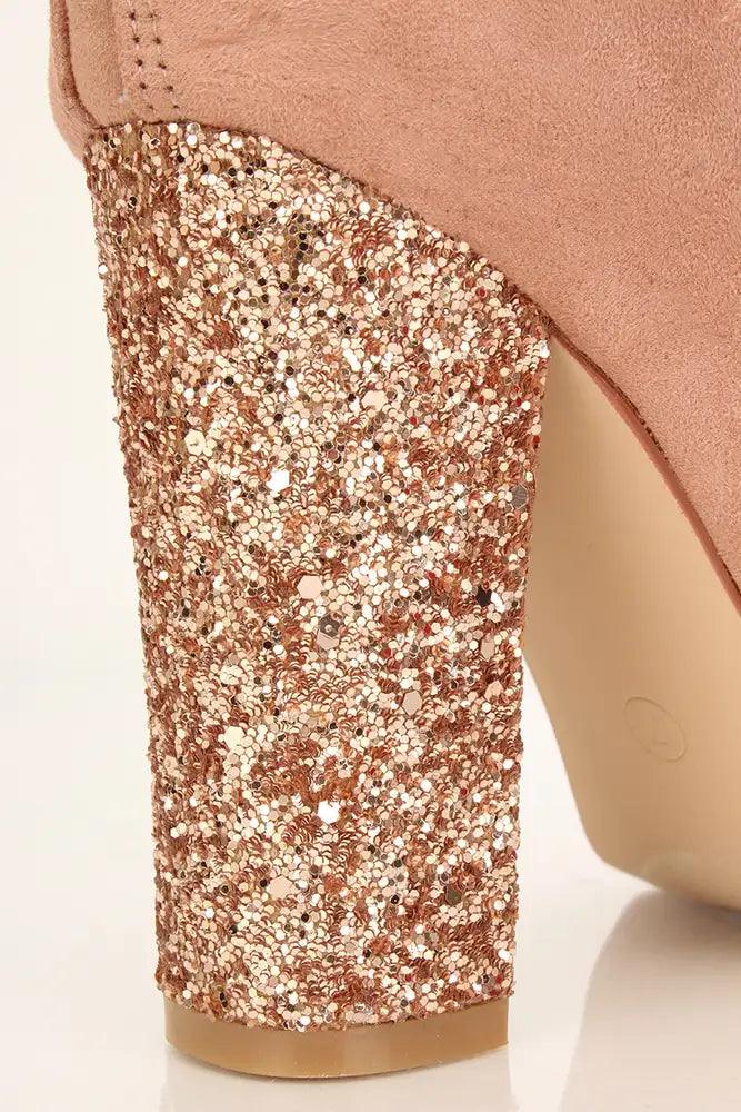 Pink Faux Suede Glittery Chunky Heel Booties - AMIClubwear