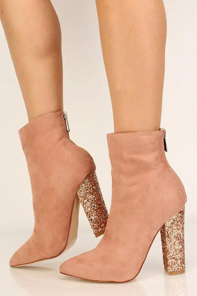 Pink Faux Suede Glittery Chunky Heel Booties - AMIClubwear