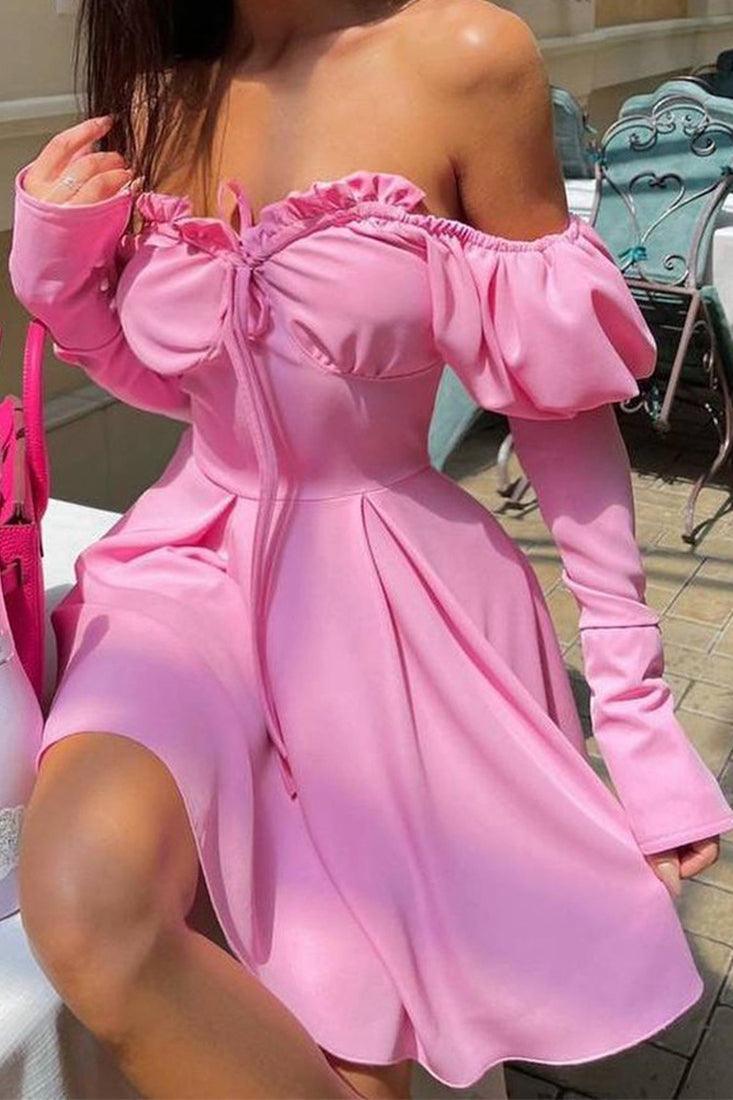 Pink Flared Long Sleeves Party Dress - AMIClubwear