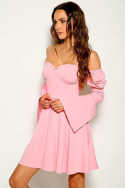 Pink Flared Long Sleeves Party Dress - AMIClubwear
