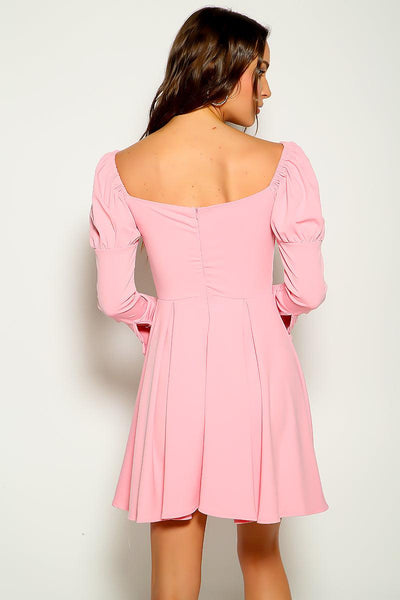 Pink Flared Long Sleeves Party Dress - AMIClubwear