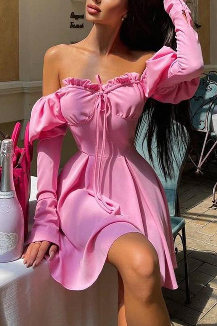 Pink Flared Long Sleeves Party Dress - AMIClubwear