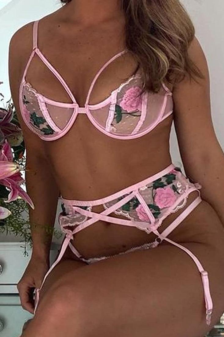 Pink Floral Print Embroidered Two Piece Lingerie - AMIClubwear