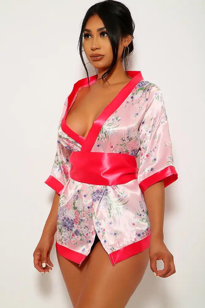 Pink Floral Print Kimono 3 Piece Sexy Costume - AMIClubwear