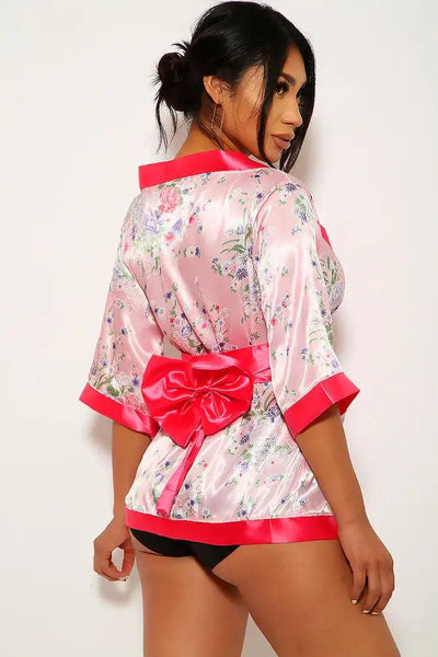 Pink Floral Print Kimono 3 Piece Sexy Costume - AMIClubwear