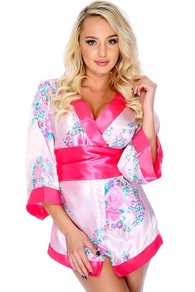 Pink Floral Print Traditional Japanese Kimono 3pc Sexy Costume - AMIClubwear