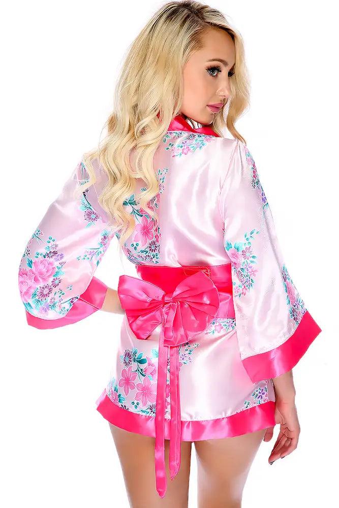 Pink Floral Print Traditional Japanese Kimono 3pc Sexy Costume - AMIClubwear