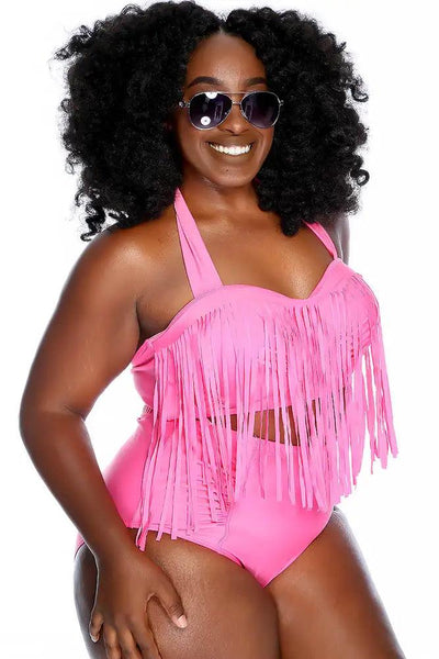 Pink Fringe Halter Ruched High Waist Two Piece Swimsuit Plus - AMIClubwear