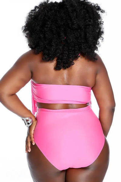 Pink Fringe Halter Ruched High Waist Two Piece Swimsuit Plus - AMIClubwear