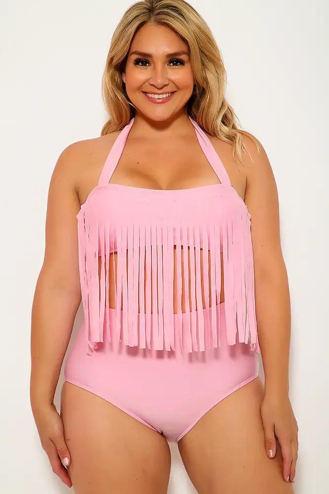 Pink Fringe Plus Size Two Piece Swimsuit - AMIClubwear