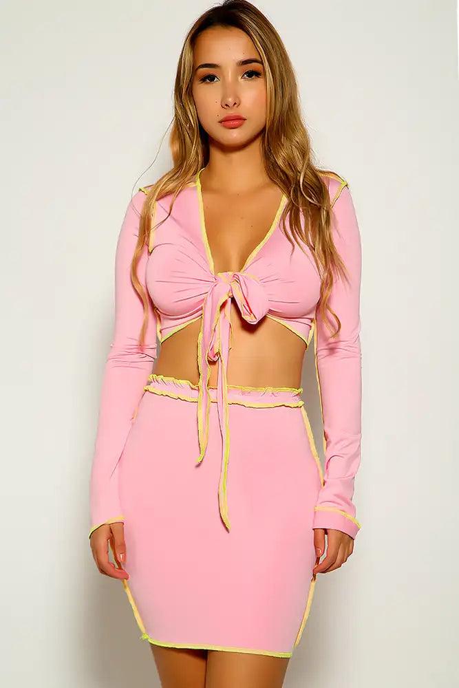 Pink Front Tie Two Piece Dress - AMIClubwear