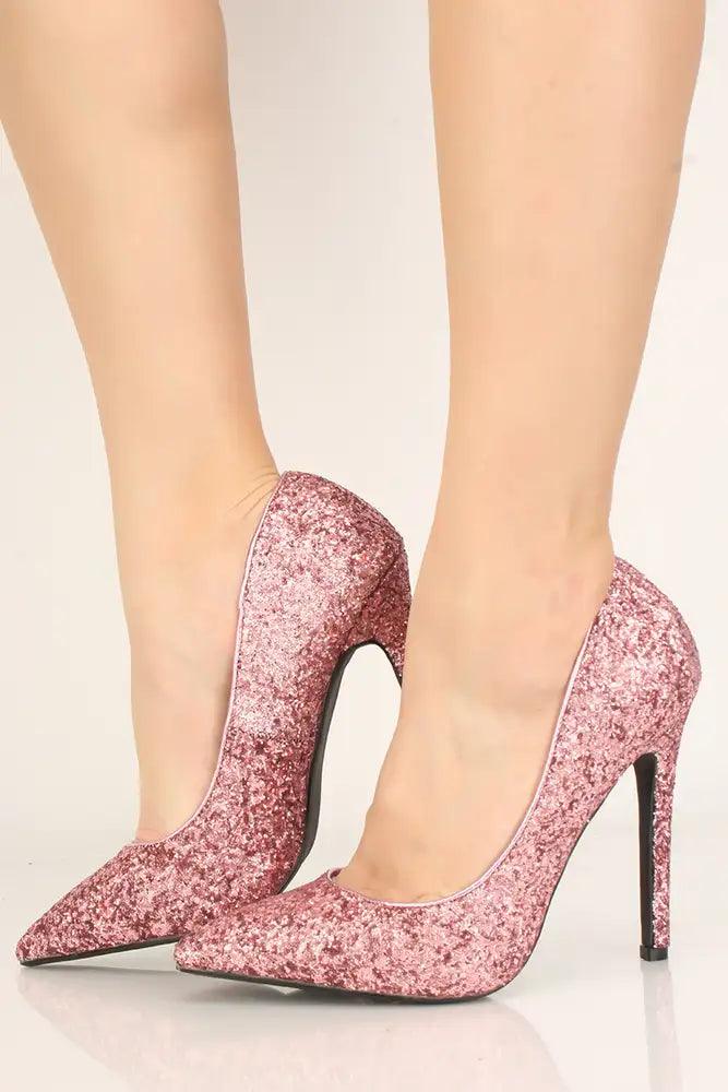 Pink Glitter Pointy Toe Pumps - AMIClubwear